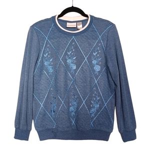 ALFRED DUNNER Blue Floral Diamond Rhinestone Print Crewneck Quilt Sweater S